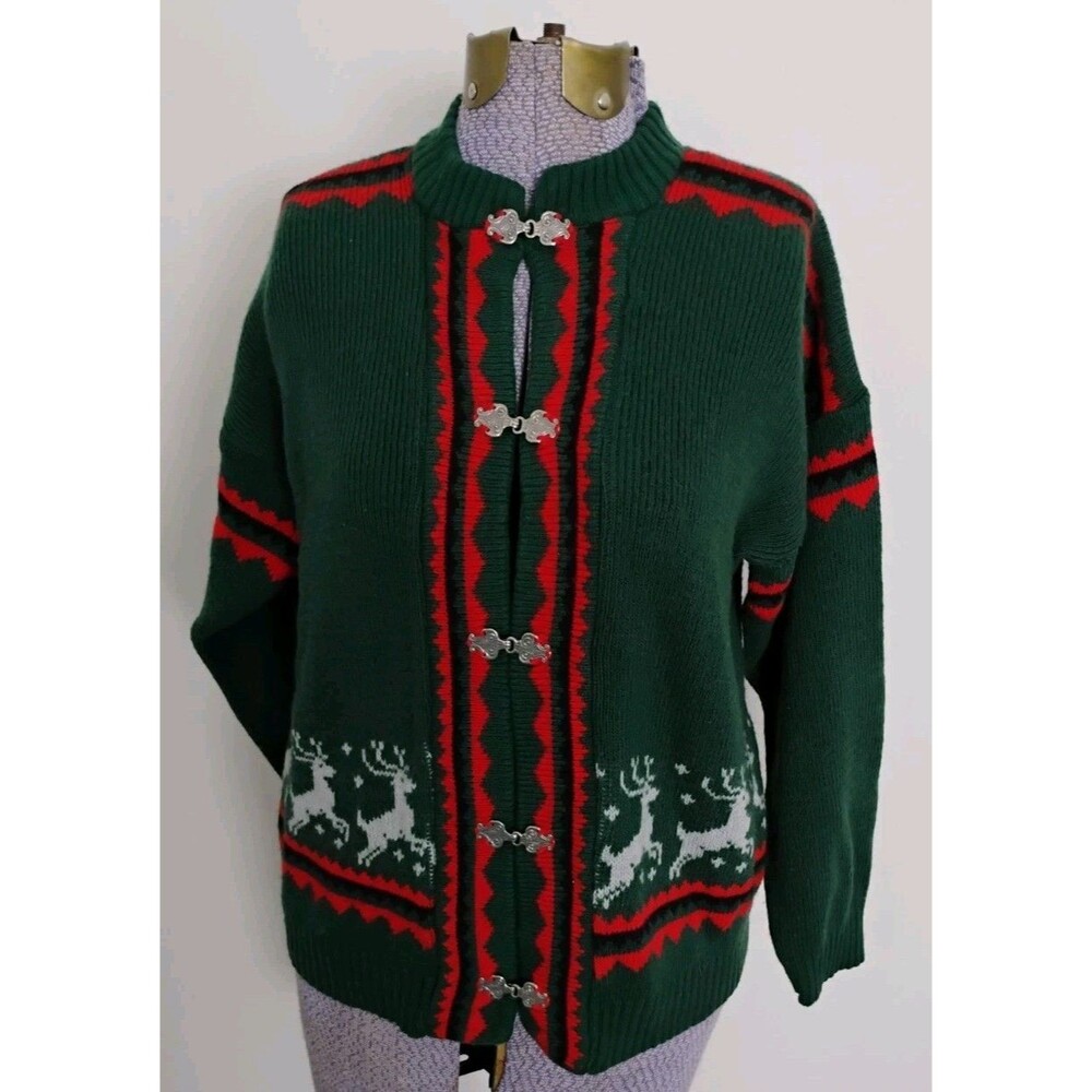 Vintage 60's Cardigan Sweater Women's Norwegian Wool Reindeer Snowflake Sz M